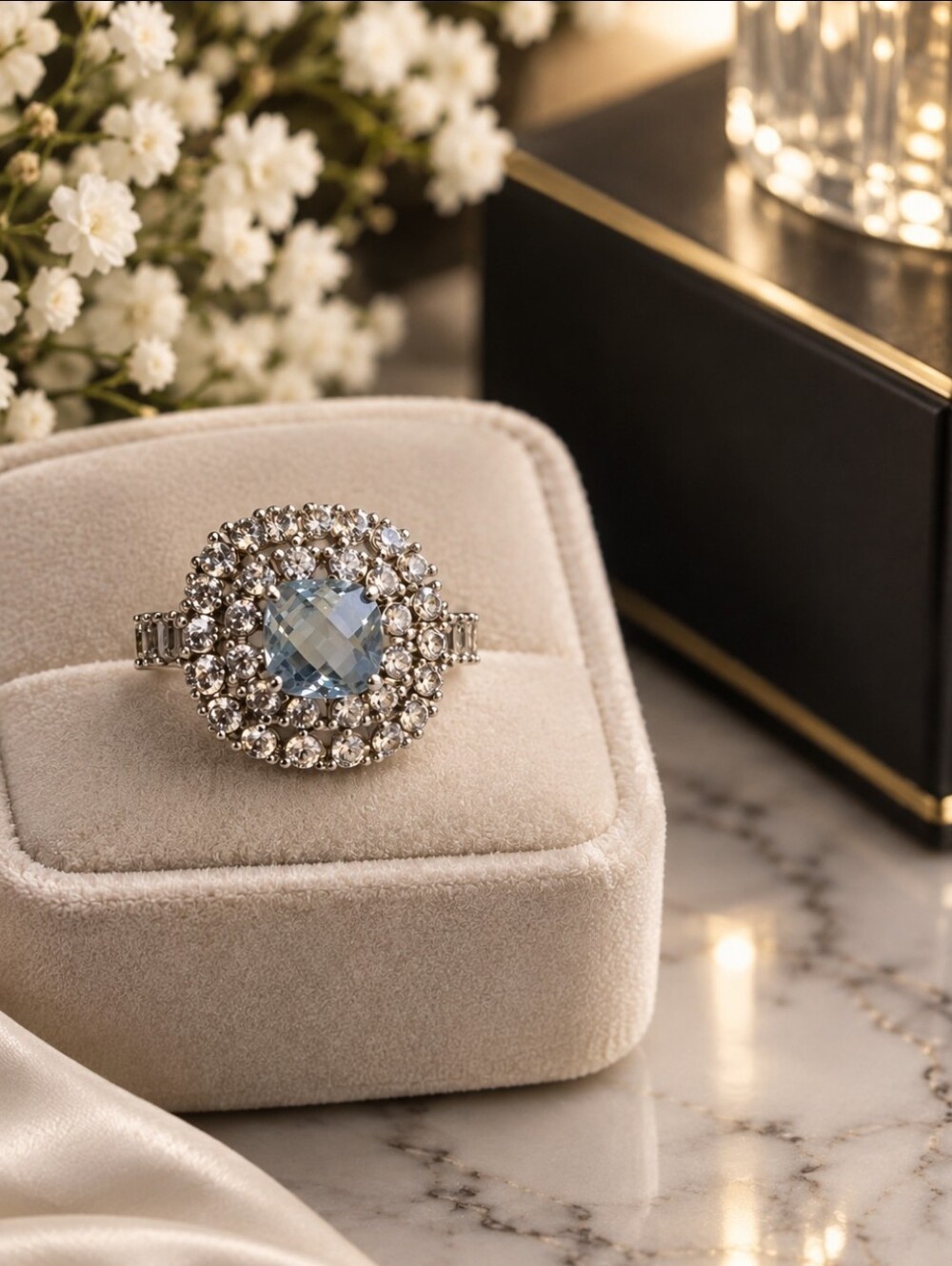 bp Vivienne Ring with Aquamarine-Center and Clear Halo